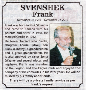 2018 01 15 Frank Svenshek Obituary